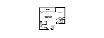 One bedroom, one bathroom apartment layout at Rockford in Toronto, ON