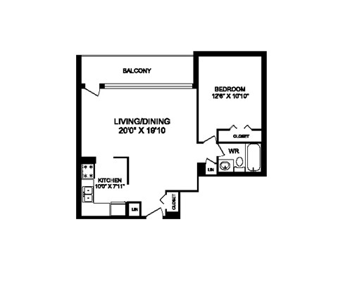 One bedroom, one bathroom apartment layout at Rockford in Toronto, ON