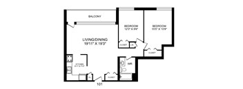 Two bedroom, one bathroom apartment layout at Rockford in Toronto, ON