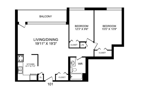 Two bedroom, one bathroom apartment layout at Rockford in Toronto, ON