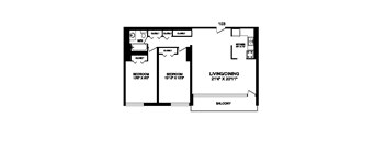 Two bedroom, one bathroom apartment layout at Rockford in Toronto, ON