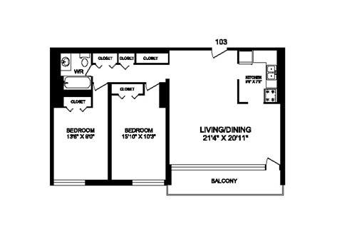 Two bedroom, one bathroom apartment layout at Rockford in Toronto, ON