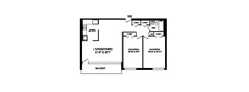 Two bedroom, one bathroom apartment layout at Rockford in Toronto, ON