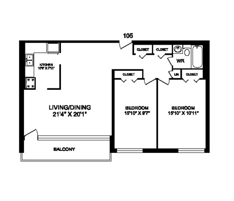 Two bedroom, one bathroom apartment layout at Rockford in Toronto, ON
