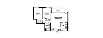Two bedroom, one bathroom apartment layout at Rockford in Toronto, ON