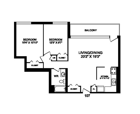 Two bedroom, one bathroom apartment layout at Rockford in Toronto, ON