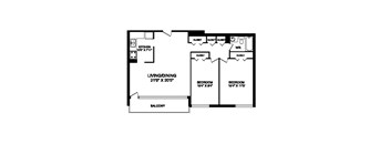 Two bedroom, one bathroom apartment layout at Rockford in Toronto, ON