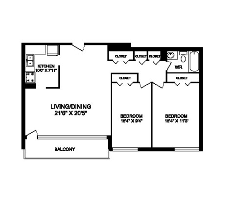 Two bedroom, one bathroom apartment layout at Rockford in Toronto, ON
