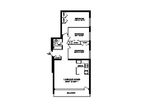 Three bedroom, one bathroom apartment layout at Rockford in Toronto, ON