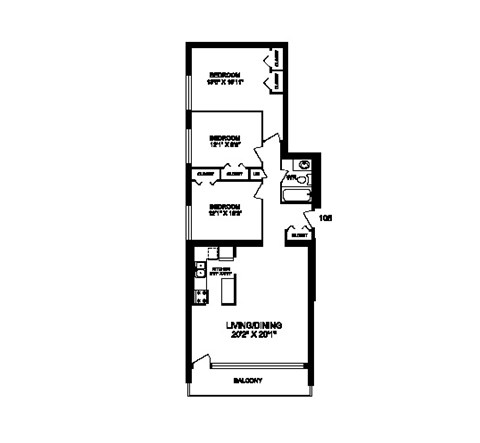 Three bedroom, one bathroom apartment layout at Rockford in Toronto, ON