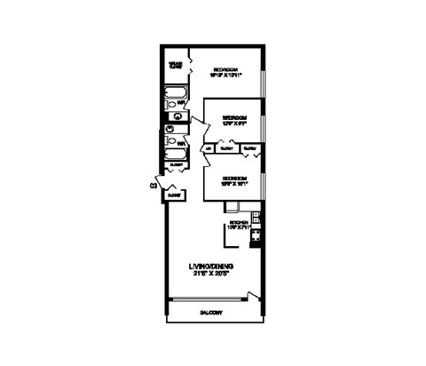 Three bedroom, two bathroom apartment layout at Rockford in Toronto, ON