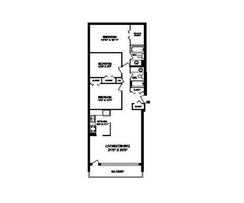 Three bedroom, two bathroom apartment layout at Rockford in Toronto, ON