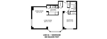 One bedroom, one bathroom apartment layout at Secord House in Edmonton, AB