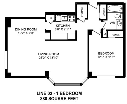 One bedroom, one bathroom apartment layout at Secord House in Edmonton, AB