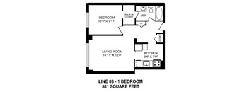 One bedroom, one bathroom apartment layout at Secord House in Edmonton, AB
