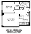 One bedroom, one bathroom apartment layout at Secord House in Edmonton, AB