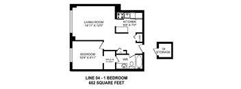 One bedroom, one bathroom apartment layout at Secord House in Edmonton, AB