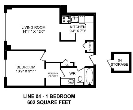 One bedroom, one bathroom apartment layout at Secord House in Edmonton, AB