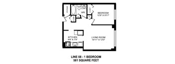 One bedroom, one bathroom apartment layout at Secord House in Edmonton, AB