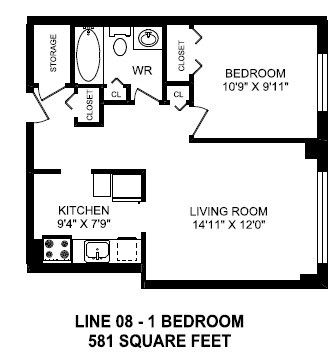 One bedroom, one bathroom apartment layout at Secord House in Edmonton, AB