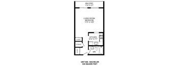 One bedroom, one bathroom apartment layout at Surrey Village in Surrey, BC