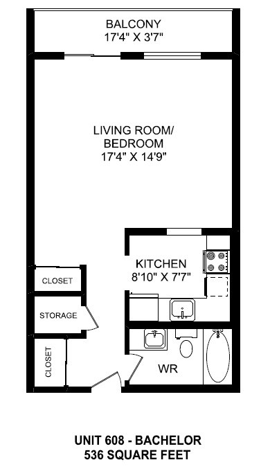 One bedroom, one bathroom apartment layout at Surrey Village in Surrey, BC