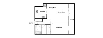 One bedroom, one bathroom apartment layout at Surrey Village in Surrey, BC