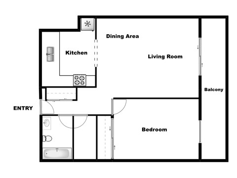 One bedroom, one bathroom apartment layout at Surrey Village in Surrey, BC