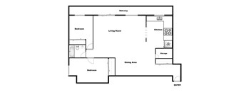 Two bedroom, one bathroom apartment layout at Surrey Village in Surrey, BC