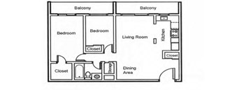 Two bedroom, one bathroom apartment layout at Surrey Village in Surrey, BC