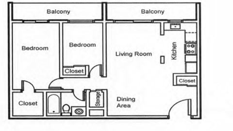 Two bedroom, one bathroom apartment layout at Surrey Village in Surrey, BC