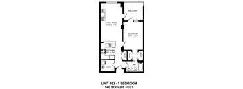One bedroom, one bathroom apartment layout at The Conservatory in Kelowna, BC
