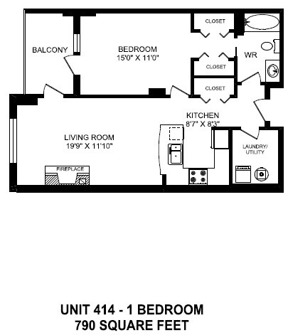 One bedroom, one bathroom apartment layout at The Conservatory in Kelowna, BC