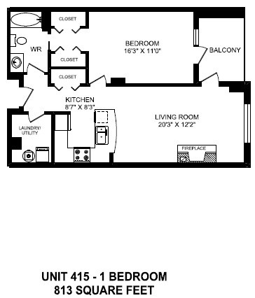 One bedroom, one bathroom apartment layout at The Conservatory in Kelowna, BC