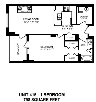 One bedroom, one bathroom apartment layout at The Conservatory in Kelowna, BC