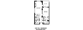 One bedroom, one bathroom apartment layout at The Conservatory in Kelowna, BC