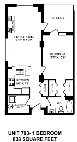 One bedroom, one bathroom apartment layout at The Conservatory in Kelowna, BC