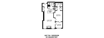 One bedroom, one bathroom apartment layout at The Conservatory in Kelowna, BC