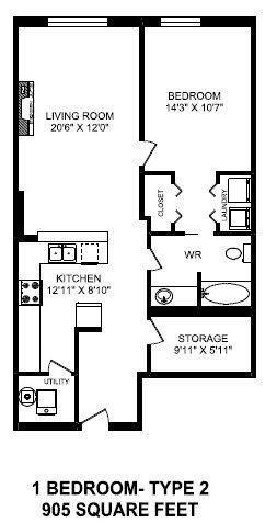One bedroom, one bathroom apartment layout at The Conservatory in Kelowna, BC