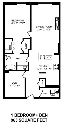 One bedroom, one bathroom apartment layout at The Conservatory in Kelowna, BC