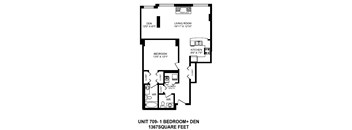 One bedroom plus den, one bathroom apartment layout at The Conservatory in Kelowna, BC