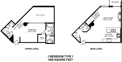 One bedroom, one bathroom apartment layout at The Conservatory in Kelowna, BC