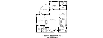 Two bedroom plus den, two bathroom apartment layout at The Conservatory in Kelowna, BC