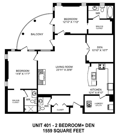 Two bedroom plus den, two bathroom apartment layout at The Conservatory in Kelowna, BC