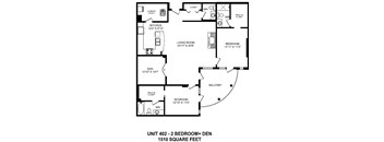 Two bedroom plus den, two bathroom apartment layout at The Conservatory in Kelowna, BC