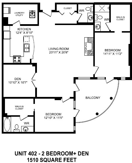 Two bedroom plus den, two bathroom apartment layout at The Conservatory in Kelowna, BC