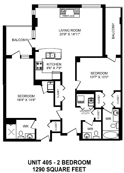 Two bedroom plus den, two bathroom apartment layout at The Conservatory in Kelowna, BC