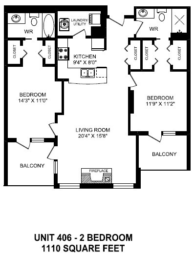 Two bedroom, two bathroom apartment layout at The Conservatory in Kelowna, BC
