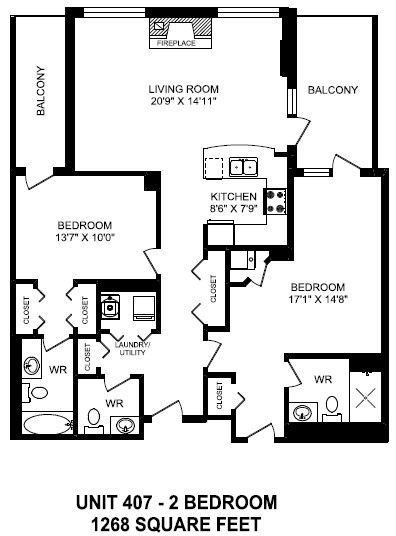 Two bedroom, two bathroom apartment layout at The Conservatory in Kelowna, BC