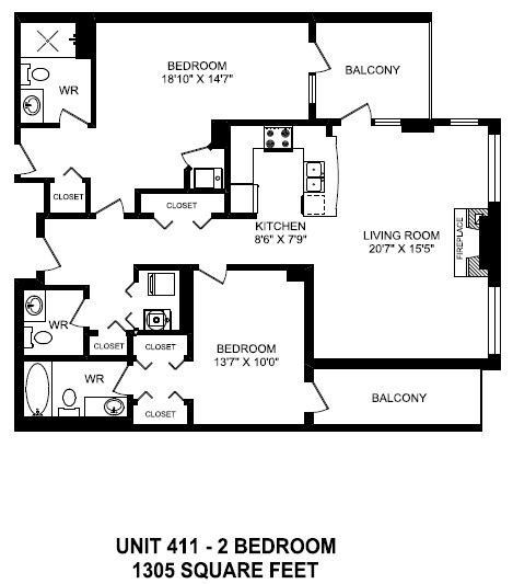 Two bedroom, two bathroom apartment layout at The Conservatory in Kelowna, BC